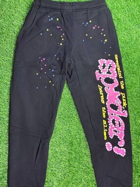 Black Unisex Sweatpants with Pink Polka Dot Graphic